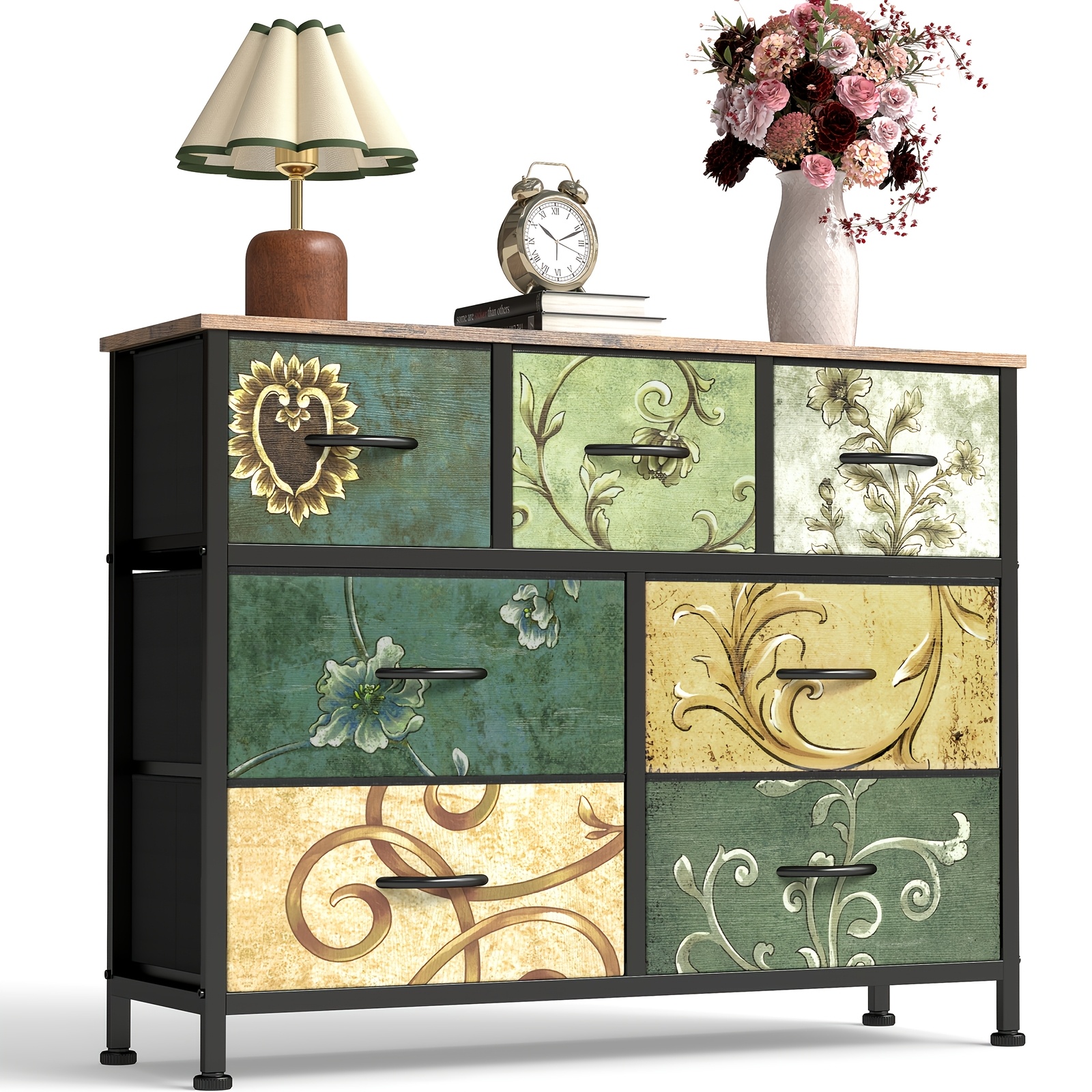TEMU Medieval Cabinet With 5/7/8/9-drawer Options - Heavy-duty & Non-deformable Drawers, Vintage Floral Texture, Freestanding /particle Board Furniture Suitable For Home, Office, Bedroom, -