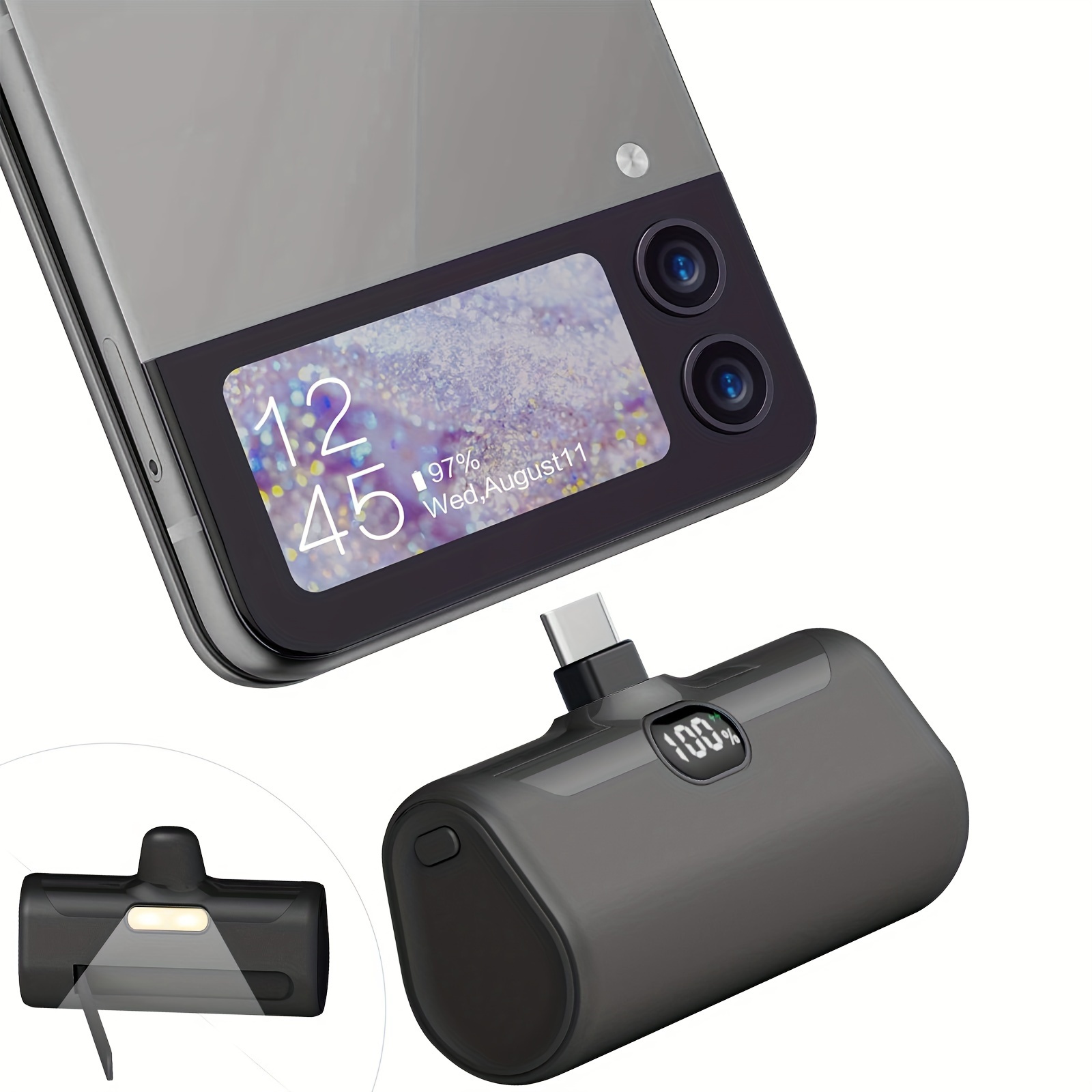 TEMU Small Usb C Portable Charger, 5000mah Ultra Power Bank Built-in Phone Stand And Led Light, Pd15w Lcd Display Battery Pack For Travel, Compatible