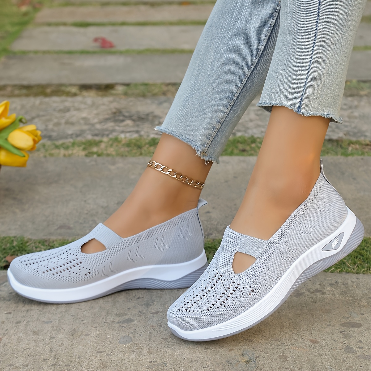 1 Pair Women'S Breathable Open Toe Sneakers, Casual All-Season Slip-On Walking Shoes, Lightweight Flat Sole with Solid Color Design, Comfortable Fabric Upper/Inner and Faux Sole