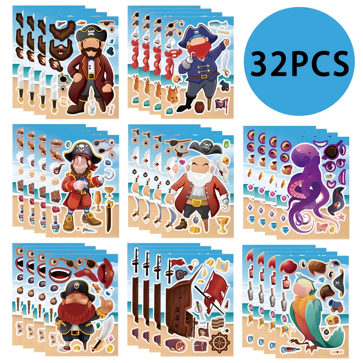 

32pcs Pirate Themed Sticker Set, Cartoon Diy Self-adhesive Paper Decals, Reusable Craft Stickers For Party Favors, Book Decoration, 8 , Irregular Shapes, For Plastic Surfaces