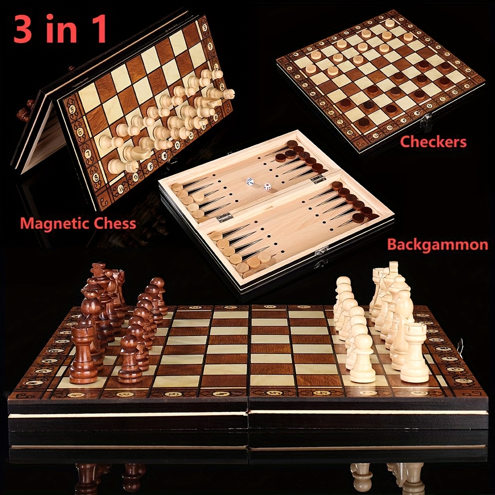 Chess Set,Wooden 3-in-1Portable Chess Set Chess & Checkers & Backgammon Fol＿並行輸入品 TUNJILOOL Chess Set Board Games 3 in 1，Wooden Folding Hand