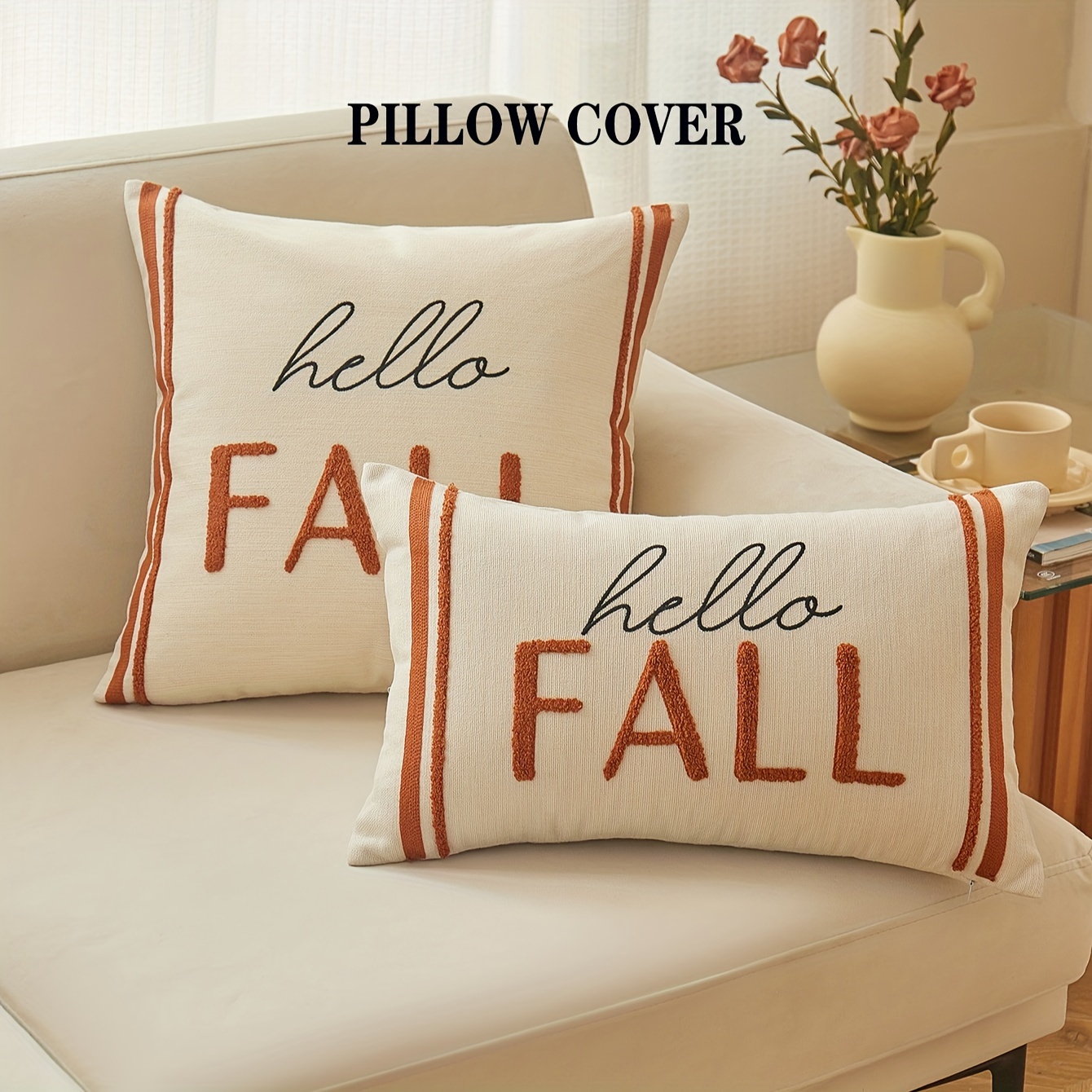 

Vintage Style Embroidered Hello Fall Lettering Striped Throw Pillow Covers - Polyester Woven Cushion Covers With Zipper For Home Decor, Spot-clean, Fits Various Room Types - Set Of 1