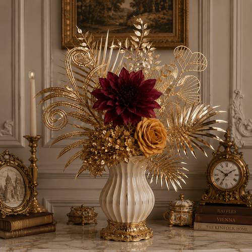 luxury burgundy golden artificial flower bouquet centerpiece with realistic plastic faux foliage suitable for living room bedroom dining table decor year round elegant arrangement for weddings parties home