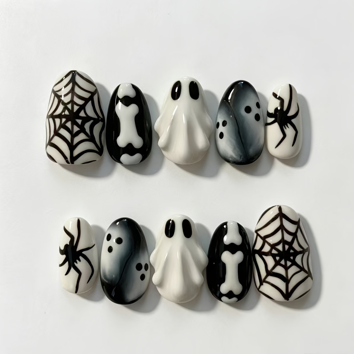 TEMU 10pcs Black White Halloween Web Bone Oval Press-on Nails