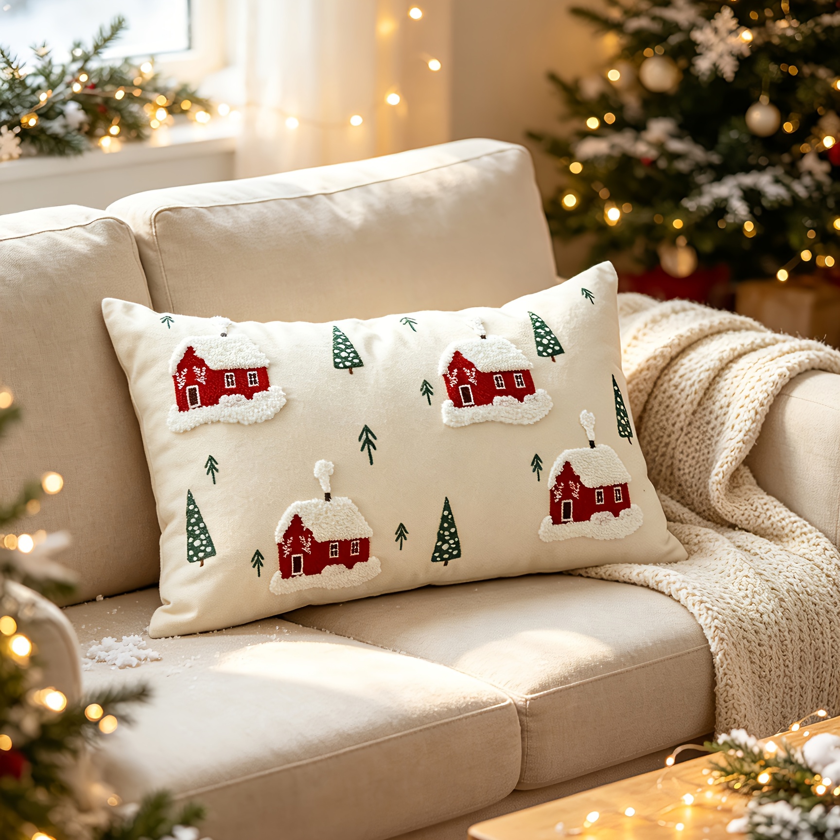 TEMU per cuscino lombare decorativa 1 pz 1 pz stile retr簷 con a pellet di albero di Natale - Morbida tela con chiusura a cerniera adatta per , solo