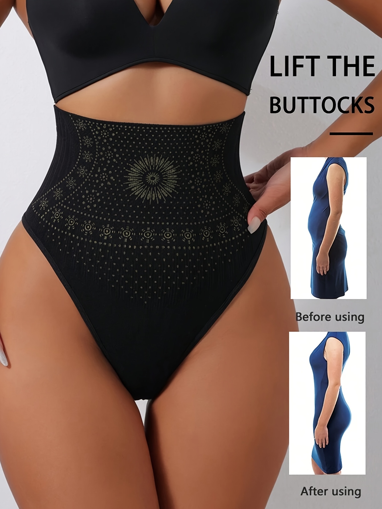 1pc Women's High-Waisted Shaping Thong - Dot Geometric Pattern Fabric Tummy Control Butt Lifter, Medium Compression for Curvy Body, Travel-Friendly (Black & Beige), Curve Enhancement, Elegant Undergarment, Texture, Nontransparent Fabric, Travel Underwear, Stylish Undergarment, Breathable Material, Seamless Panty, Travel Essentials
