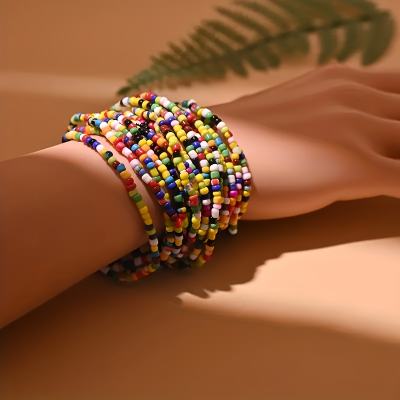 

10pcs Bohemian Style Colorful Seed Bead Bracelets - Multi-layered Stackable Women’s Bangles, Vibrant Random Colors For Casual Attire, Stackable Bangles | Aesthetic | Colorful Bead Bracelets