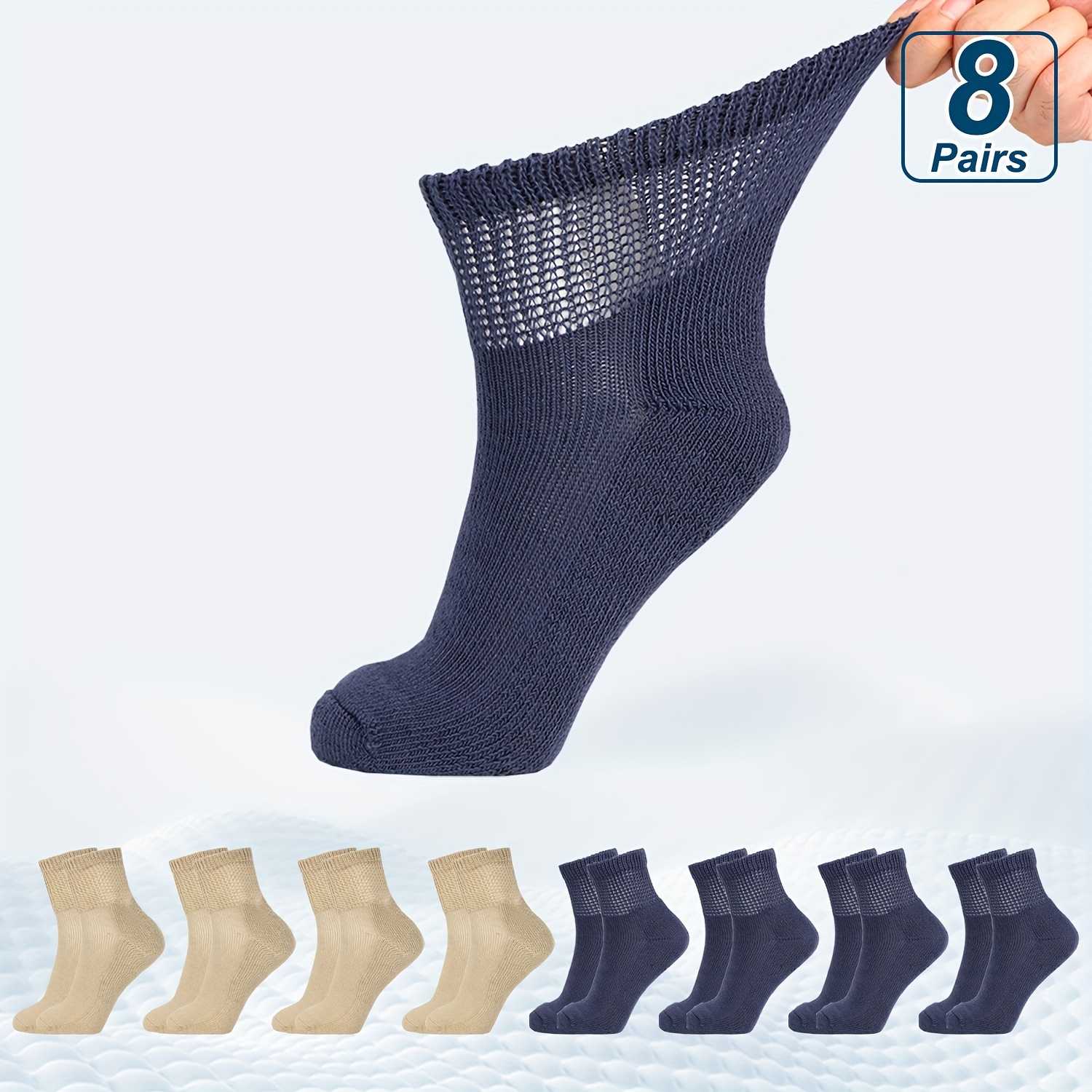

8pairs Solid Color Breathable & Comfort Diabetic Ankle Socks Non Binding Wide Socks Men's Stocking & Hosiery