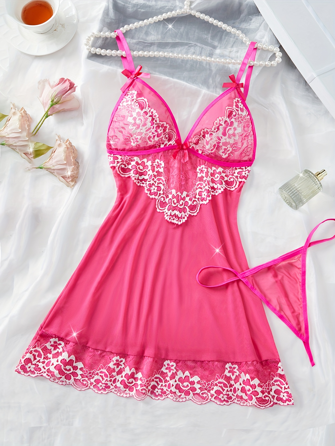2pcs Pijama Elegante de Encaje Semi-Transparente para Mujer - Vestido Sin Espalda con Lazo, Conjunto de Pijama Combinado para Todas las Estaciones, Lavado a Mano, Conjunto de 2pcs (No) - Ropa de Descanso Femenina