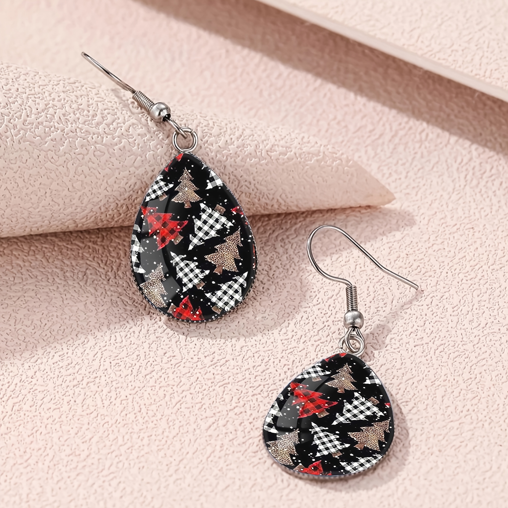 Teardrop Earrings with Red, White, and Golden Checkered Pine Tree Pattern