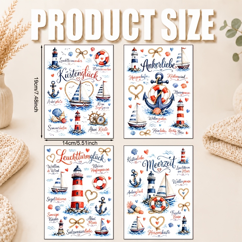 TEMU 4 Bögen/Set, Aquarell Nordischer Küsten Nautischer Stil Transferpapier, Blau Rot Segelboot Anker Muschel Hanfseil Handgezogene Transfer, Frische