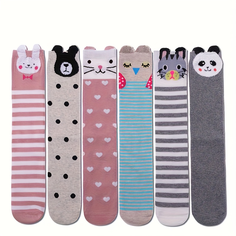 6 Pairs Girls Knee-high Socks Kids Gift Cute Animal Patterns Long Socks Socks