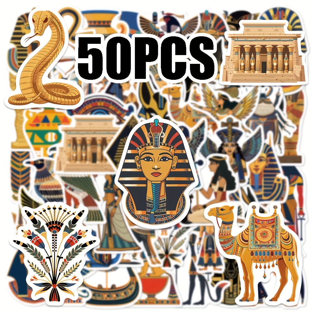 Image of Ancient Egypt Stickers - 50pcs Set Of Ancient , , Pyramid, Sphinx, Pharaoh Aesthetic Vinyl Decals For Laptop, Water Bottle, Phone, Skateboard, Guitar, Helmet, And Bike Décor