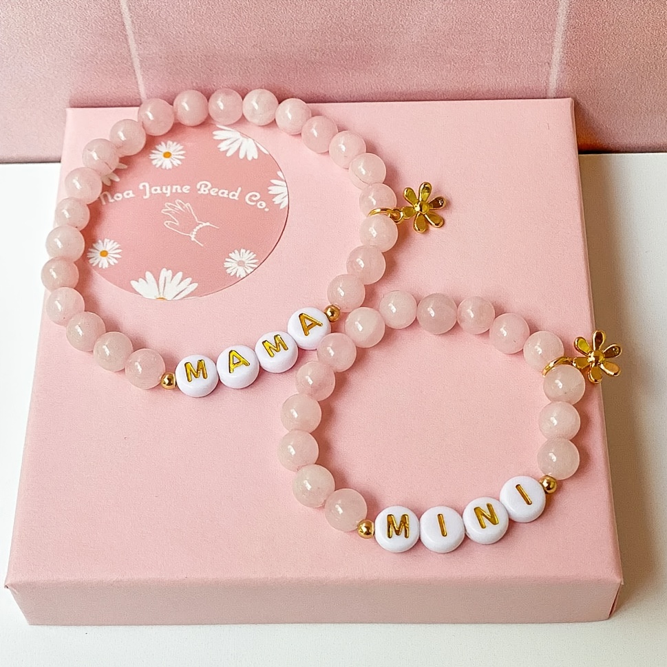 TEMU 2 Pack Elegant Pink Natural Stone Bead Bracelets With Mama & Mini Letter Charms, Accents & Daisy Flower Accents - Perfect Mother’s Day Birthday