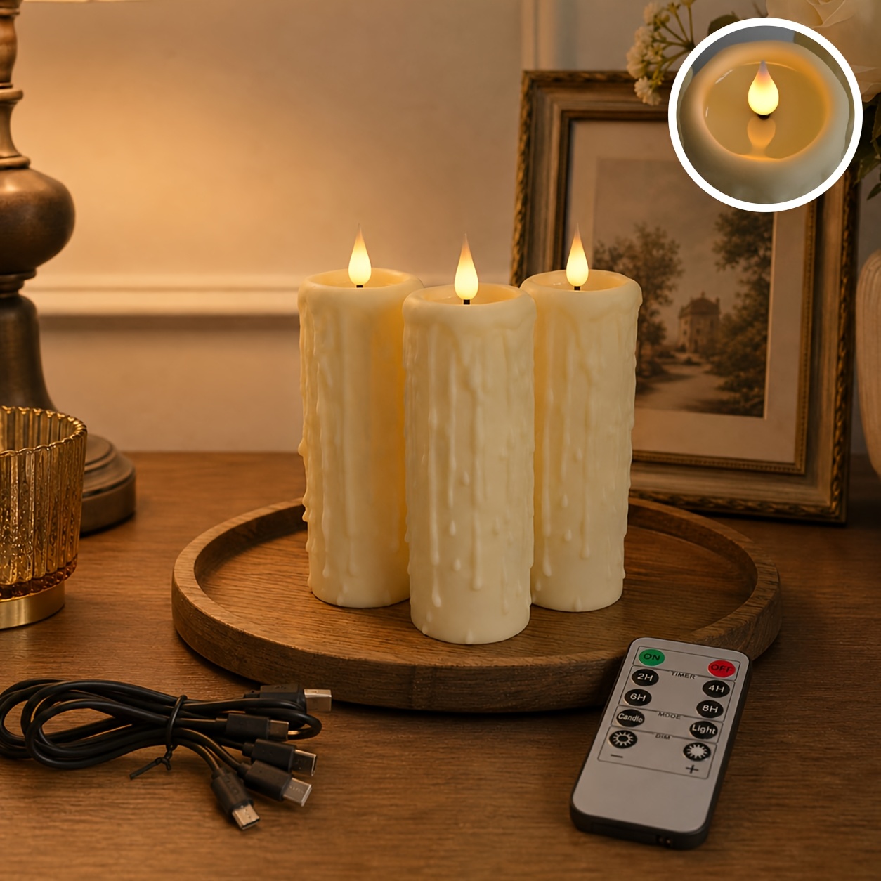 Image of Rechargeable Flameless Candles With Remote, Realistic Melted Wax Led Candles, Moving Wick Flameless Pillar Candles With Timer For Wedding Halloween Christmas Indoor Decor, 3pcs