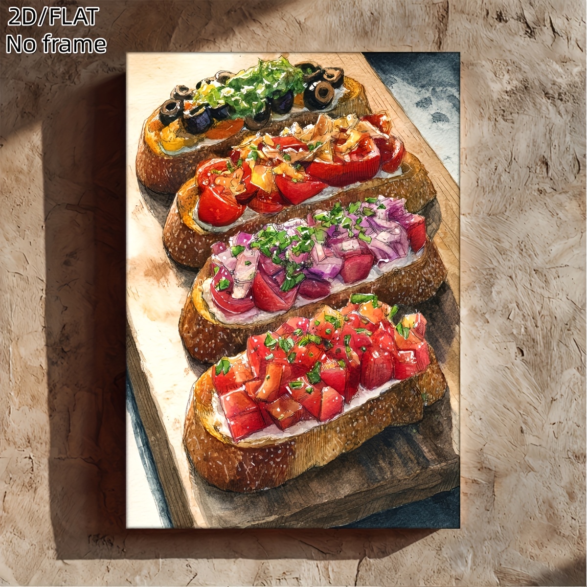 TEMU 2d Flat, 2d Flat Frameless 1pc 30.48x40.64cm Watercolor Canvas Artwork - Vibrant Bread And Tapas Appetizer Print, Modern Kitchen Wall Decor,