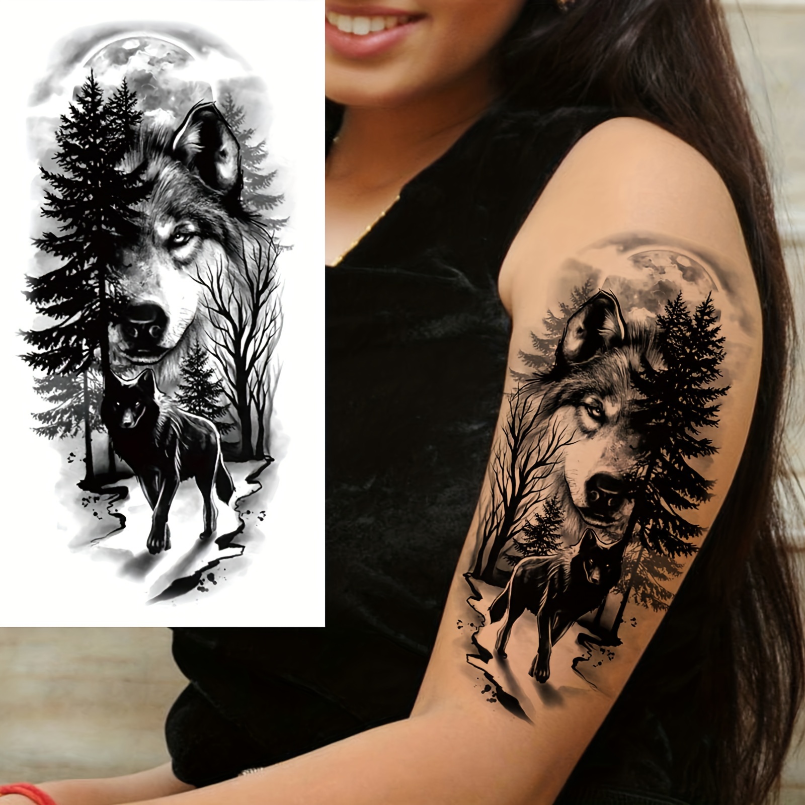realistic black and white wolf tattoo sold on Temu New Zealand, image size:1600x1600