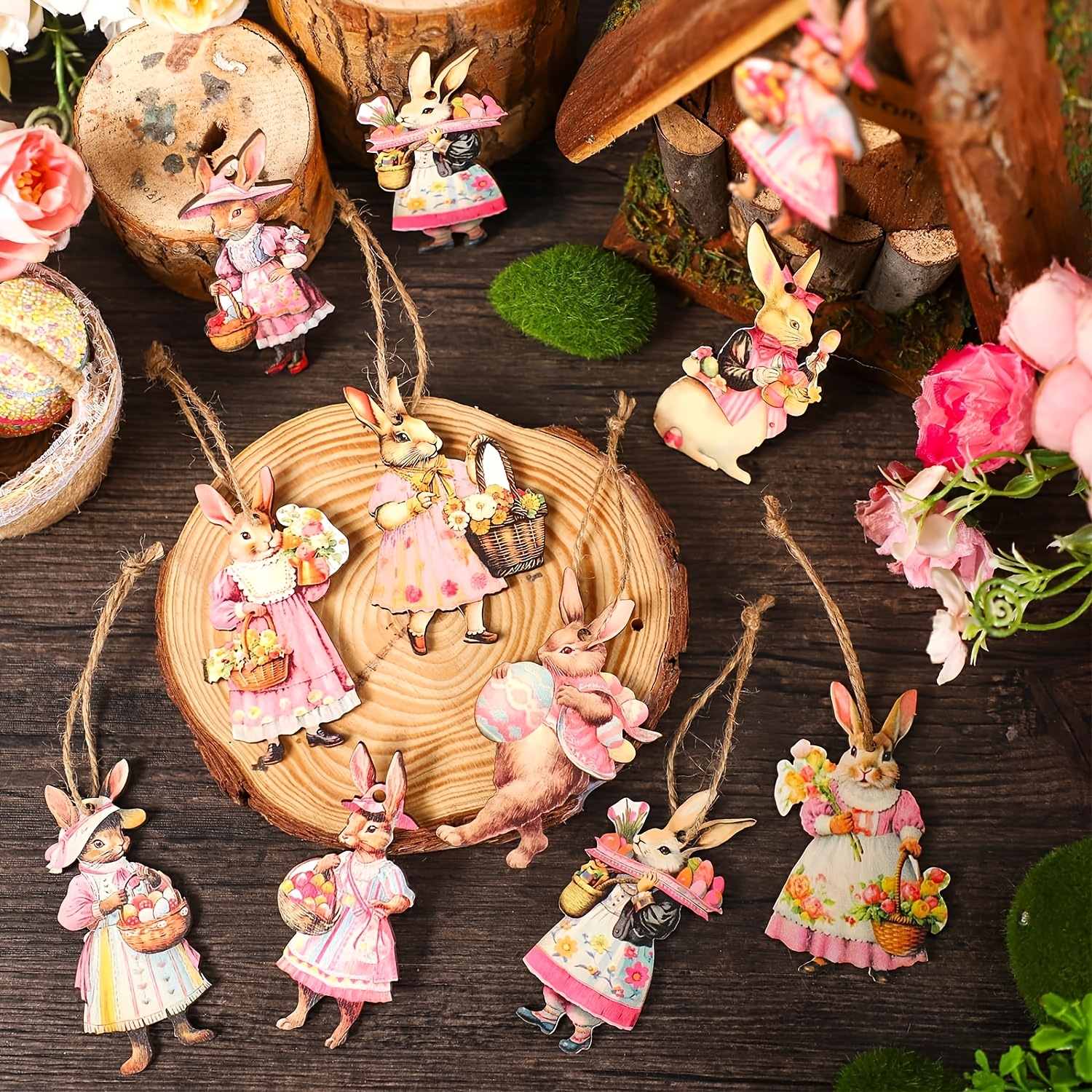 Image of 12pcs Vintage Easter Bunny Wooden Decor Set - Pastel Figurines With Flowers & Baskets, Perfect For Home & Garden Decoration, Party Embellishments, Bunny Accessories