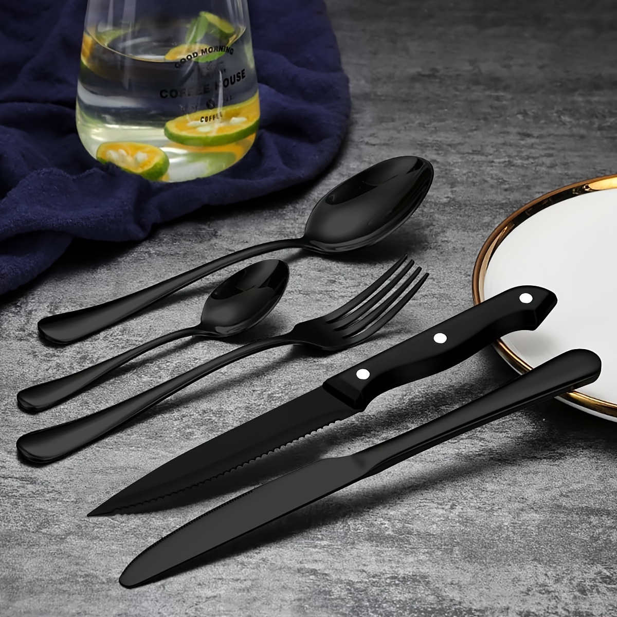 

48 Piece Set Of Shiny Black Silverware With Steak Knife, Heavy-duty Black Cutlery Set Of 8 Pieces, Food Grade Stainless Steel Cutlery Set, Home Restaurant Black Cutlery Set, Mirror Finish