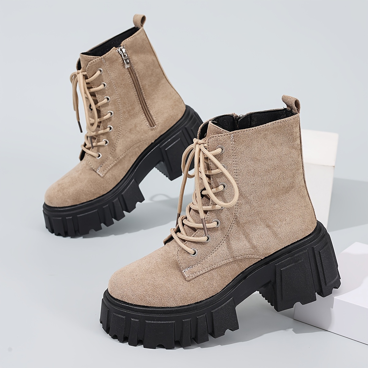 TEMU Ladies Dress Shoes & Boots, Matte Khaki Platform Ankle Boots, Thick Sole Leg Vintage Casual Daily Outdoor Matching Footwear, Women Shoes