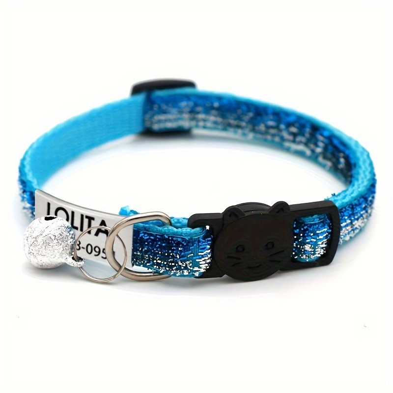 TEMU Personalized Sparkling Cat Collar With Engraved Id Tag & Bell - Vibrant Glitter Design In Multiple Colors, Custom Name Pendant For Kittens & , &