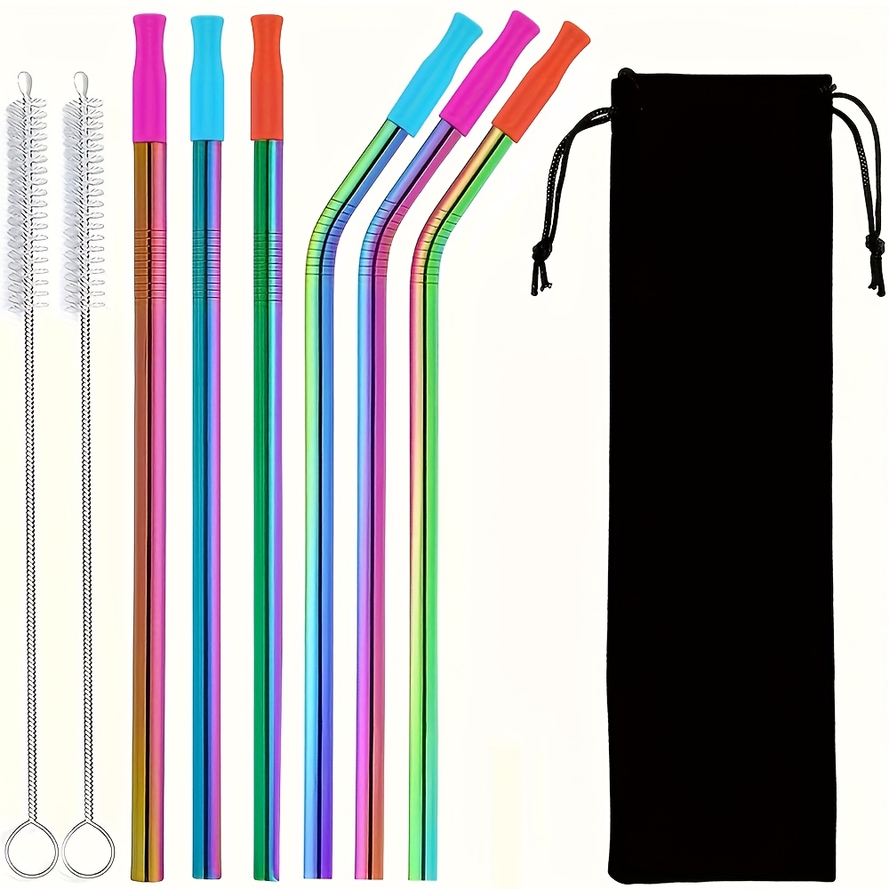 

15pcs Extra Long Stainless Steel Straw Set With Silicone Tips & Cleaning Brush - Reusable, Dishwasher Safe For 30/20oz Tumblers - Parties, , Iced Coffee