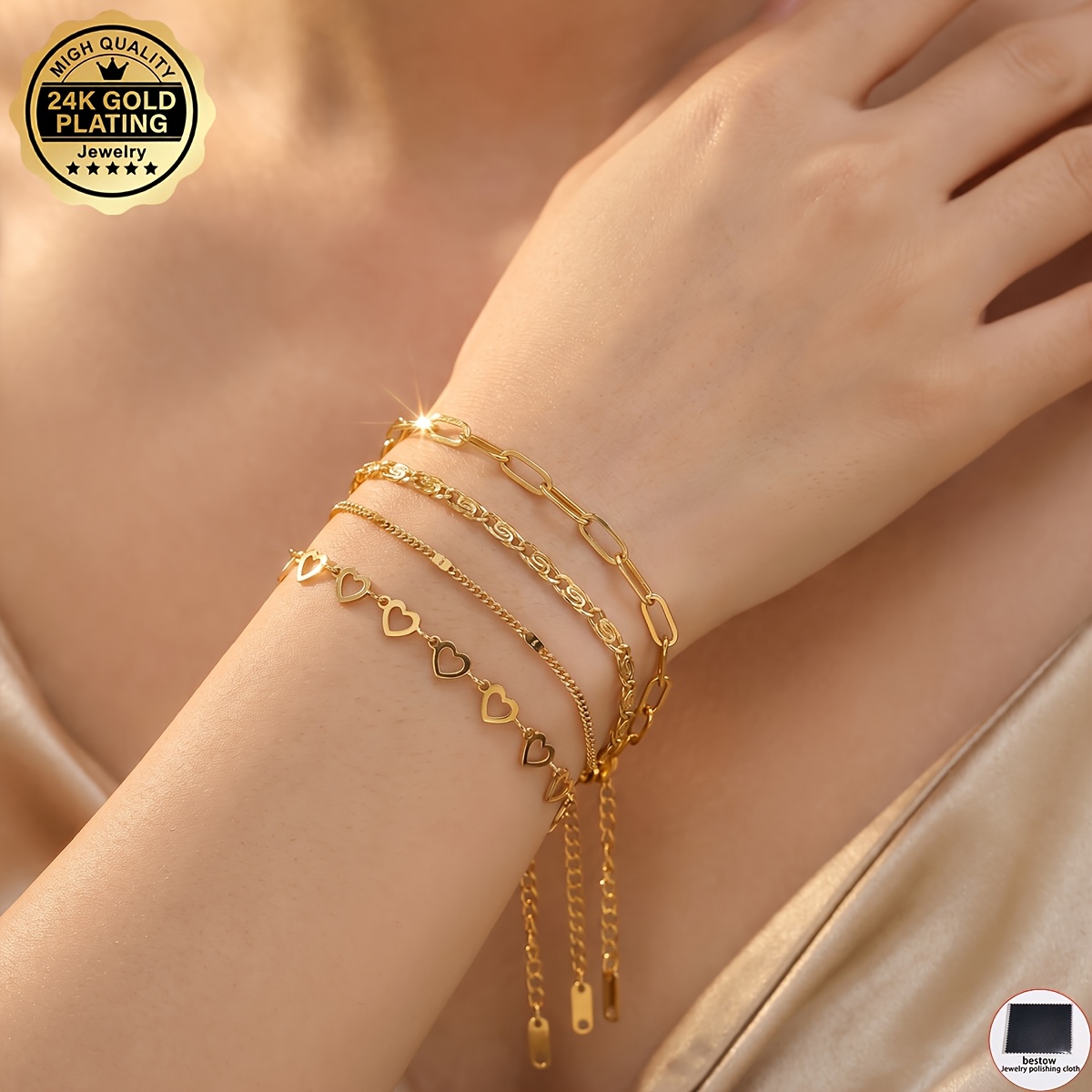 TEMU 4 Bracciali Placcati Oro 24K, Gioielli da Donna a Forma di Cuore Lucido Bifacciale, Accessori Versatili Quotidiani Stile Boh矇mien Squisiti ed