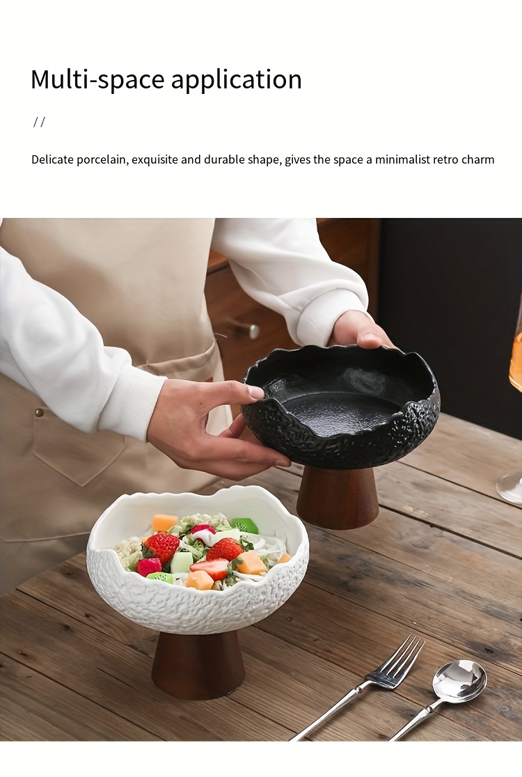 1pc Wooden Foot Ceramic High Fruit Plate, Multi-Functional Ceramic Bowl, Chinese Creative Tea Heart Plate, Nut Cake Fruit Dessert Plate, Suitable for Tea Rooms, Restaurants, Hotels And Families
