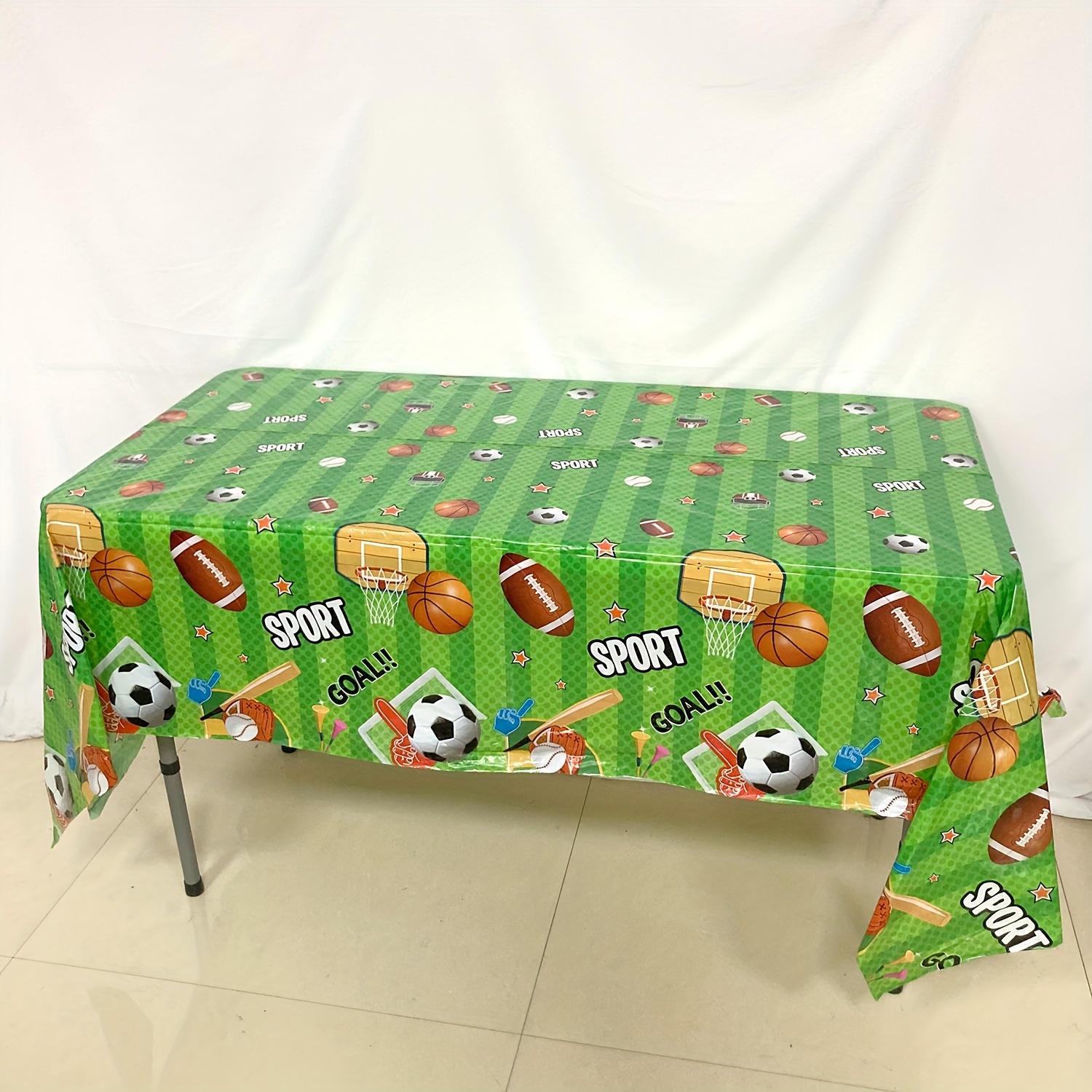 

1pc, Sport Theme Tablecloth, 130x220cm, Plastic Disposable Party Table Cover For Birthday Decorations, Football, Basketball, Soccer & Baseball Design
