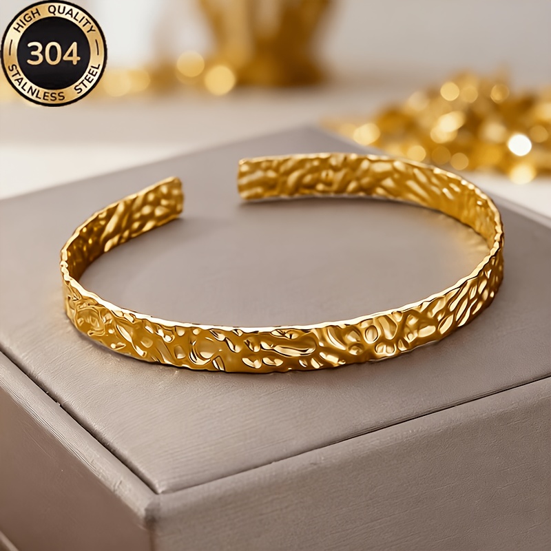 TEMU Bracelet à manchons martelés pour femmes, bracelet à manchons texturés en acier inoxydable 304 plaqué or , hypoallergénique, étanche, bracelet