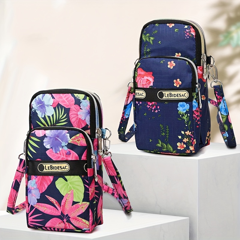 

Nylon Crossbody Phone Pouch, Women's Mini Purse With Wristlet, Fashionable Floral Print, Multi-pocket Shoulder Bag For Daily Use