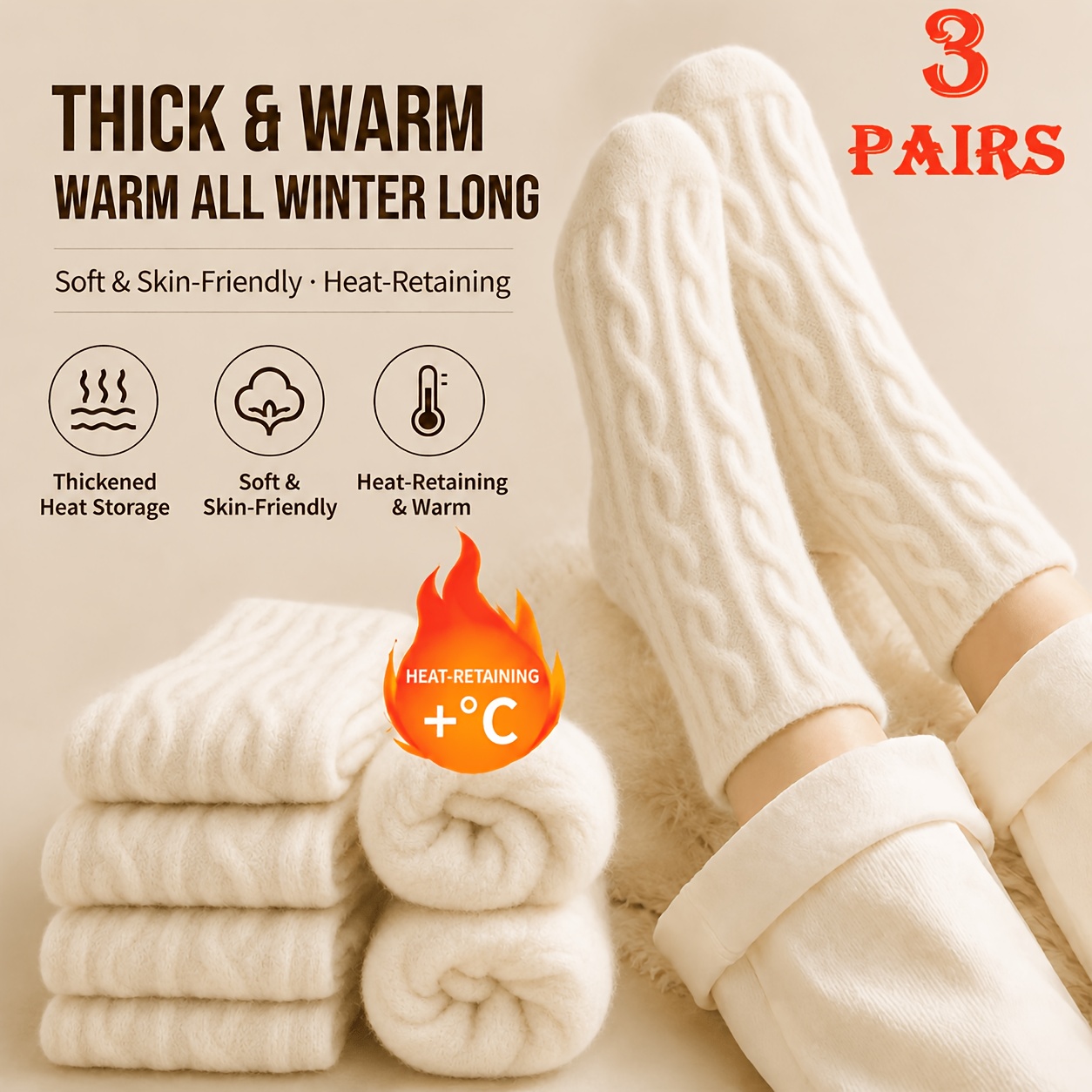TEMU 3-pair Women's Autumn/winter Home Floor Socks, Solid Color, Thickened, Soft, And Warm Mid-calf Socks, Suitable For Autumn And Winter Wear
