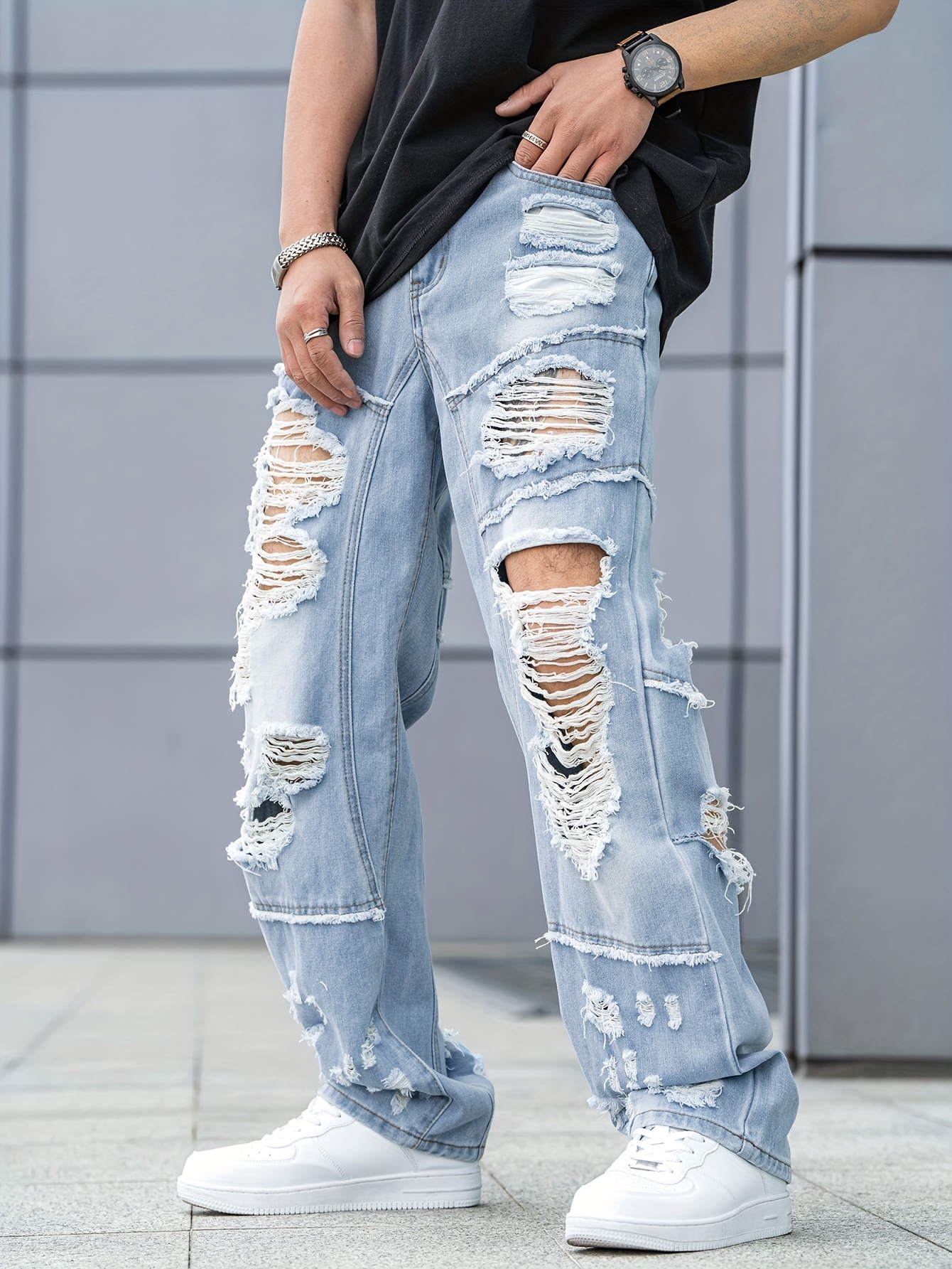 men's casual ripped jeans rayon blend distressed - Temu Australia