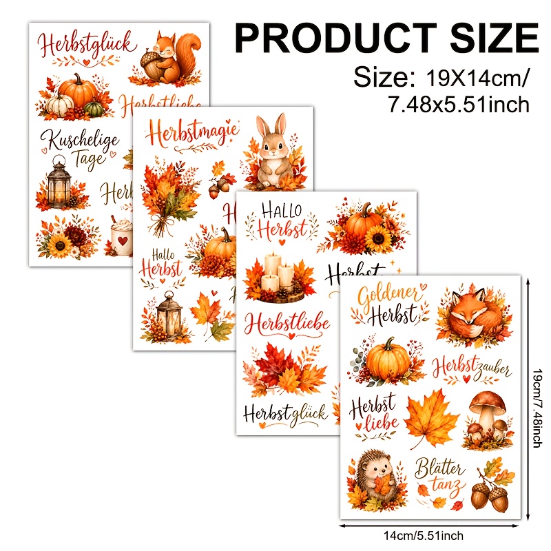 TEMU 4 Stück Deutsche Herbst Vinyl UV DTF Transferpapier (Tassen nicht enthalten, nur Transferpapier verkauft) Geeignet für Bastelarbeiten, Tassen,