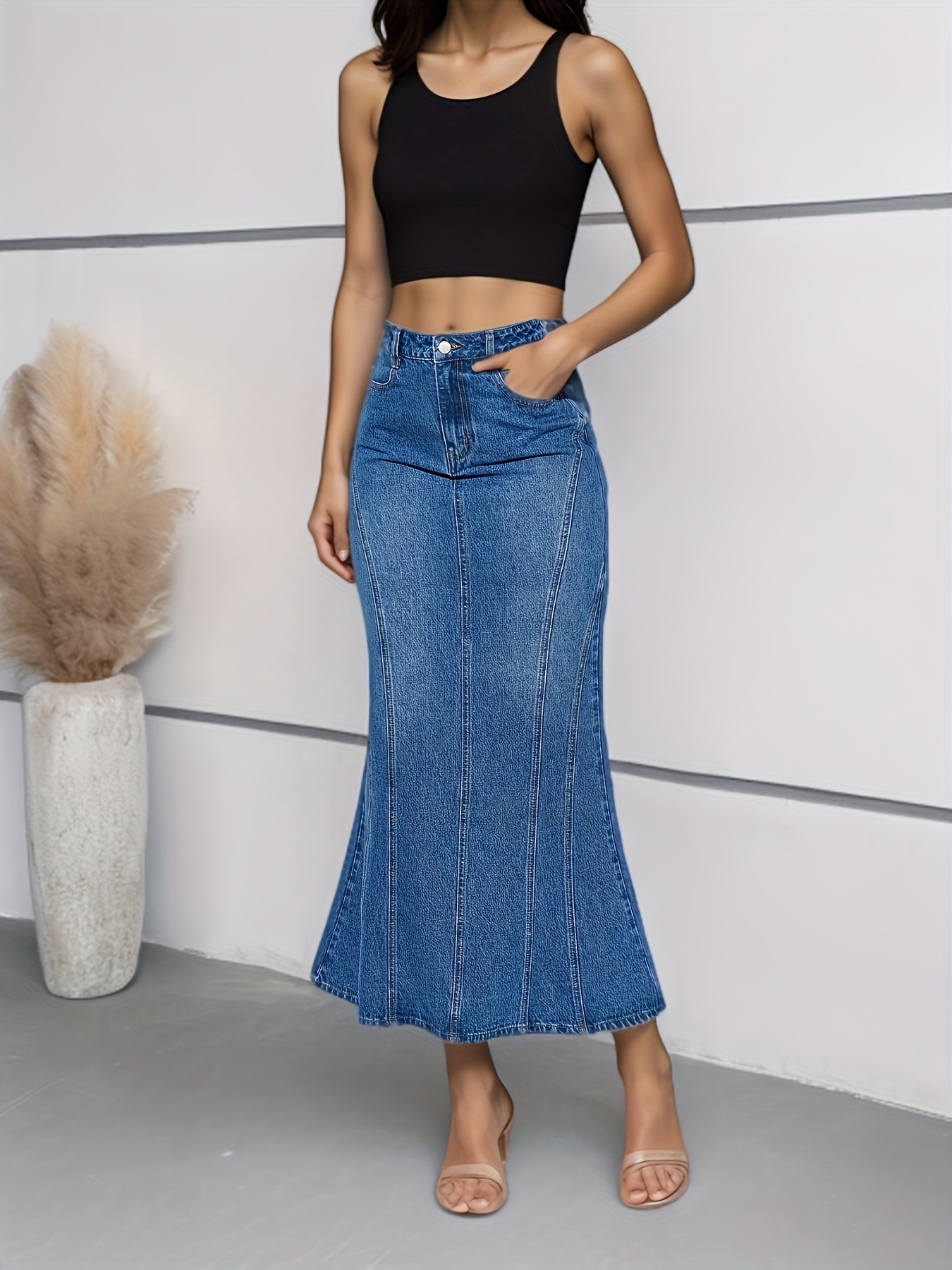 Джинсовые юбки «рыбий хвост» с высокой талией в стиле пэчворк, винтажные элегантные джинсовые юбки средней эластичности, женская джинсовая одежда
