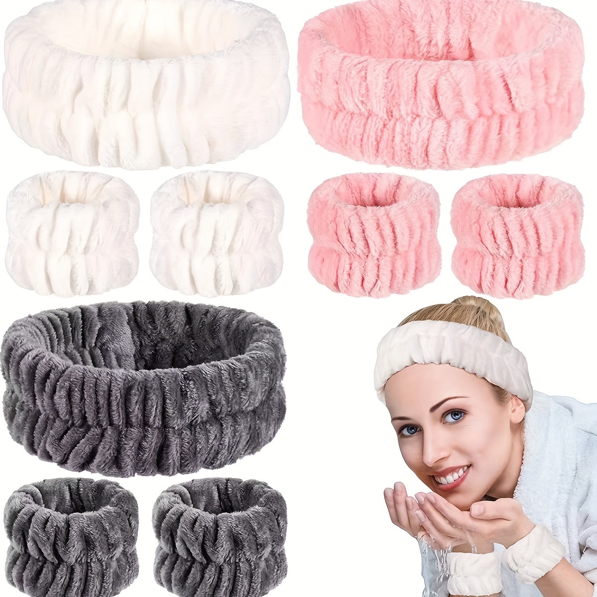 

3-piece Set Hair Ties And Wristbands, , Assorted Colors (white, Pink, , Grey, , Light Purple), Absorbent Washcloth For Hair And Face, Hair Accessories For Women