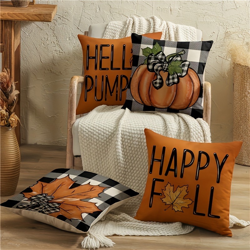 

Contemporary Fall Throw Pillow Covers Set Of 4, Pumpkin & Autumn Leaves Design, Machine Washable, Geometric-pattern, Zippered Polyester Decorative Pillowcases For Living Room Sofa Home Office Decor