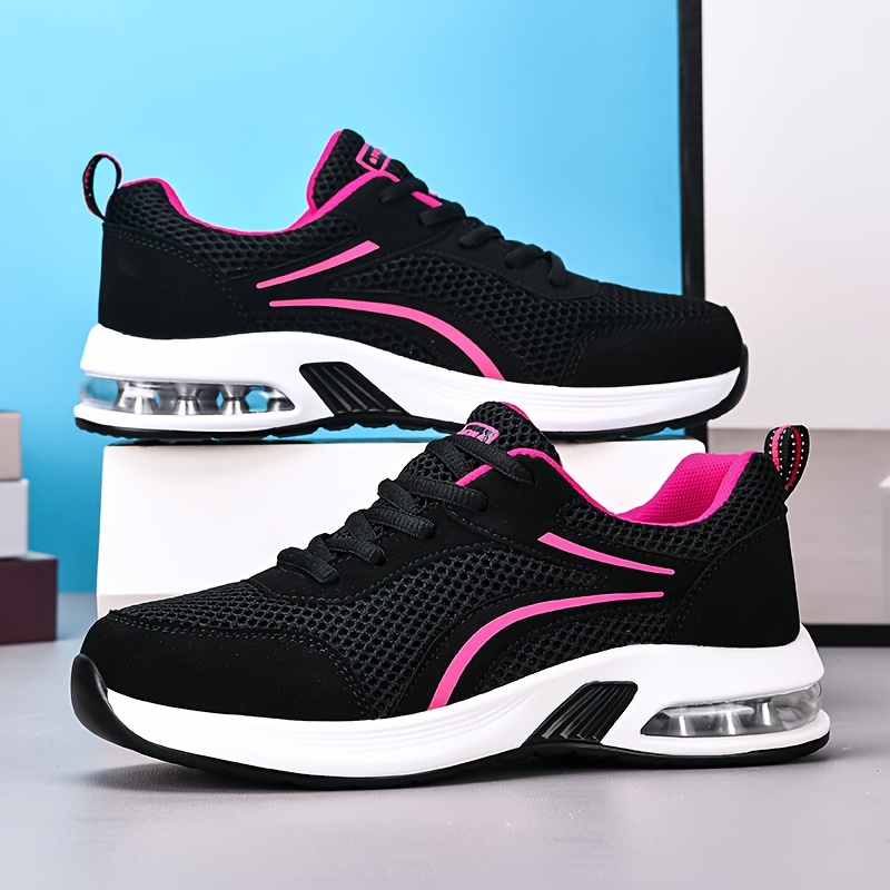 womens lightweight breathable mesh sneakers with air cushion technology non slip walking running shoes suitable for gym casual daily wear low top sneakers with striped traction sole lace closure women shoes
