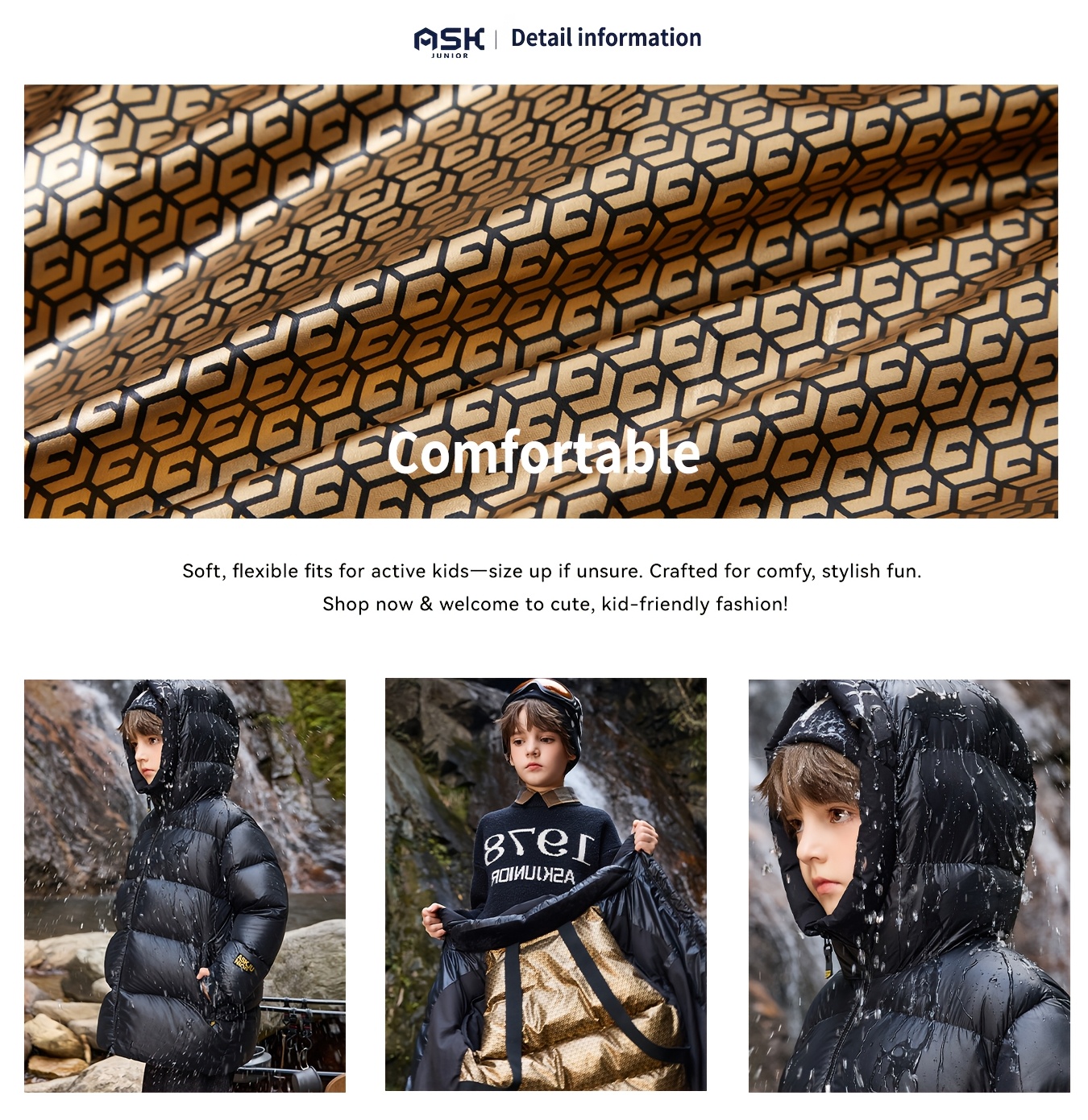 ASK JUNIOR Boys' Thick Heat Retention Warm Reflective Down Jacket | Duck Down Filled, Hooded, Casual Style, Zipper Detail, Long Sleeve.