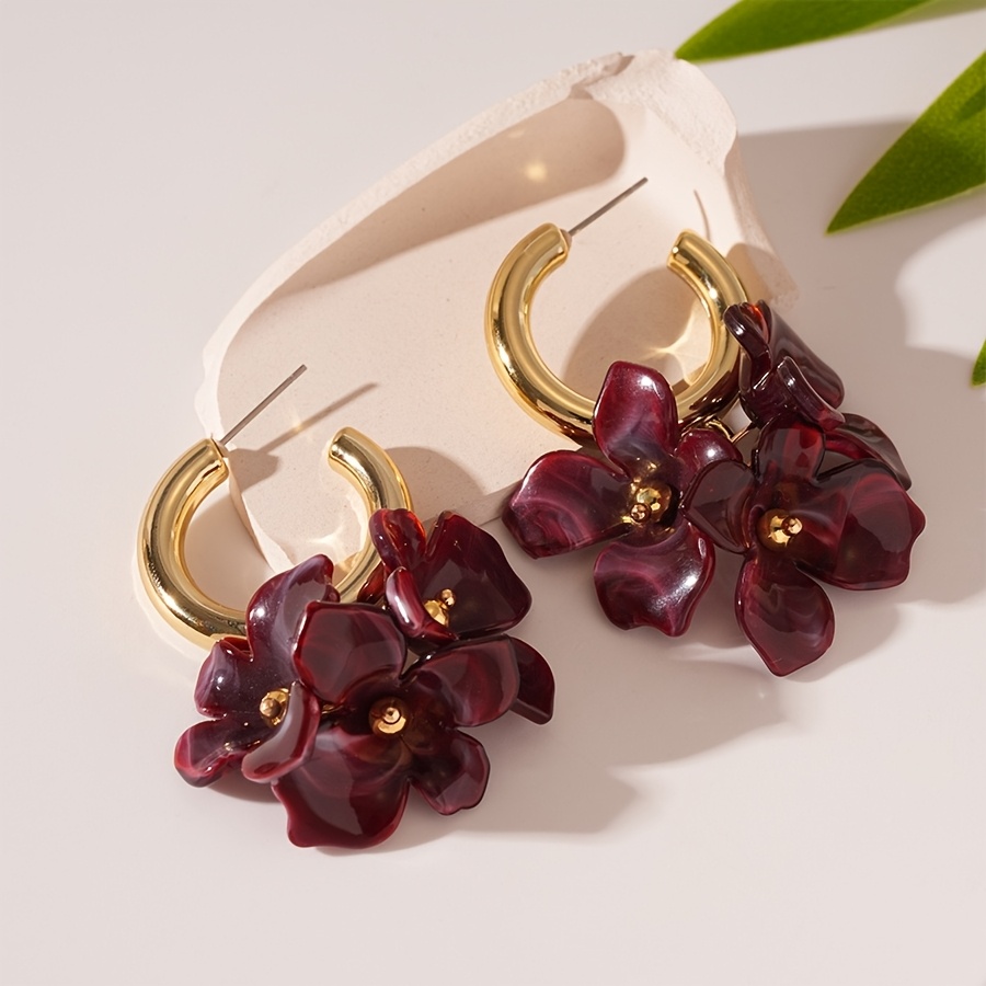 TEMU Pendientes colgantes de aro con flores en tono , pendientes florales de C, joyería de moda para mujer para otoño, uso diario y fiestas