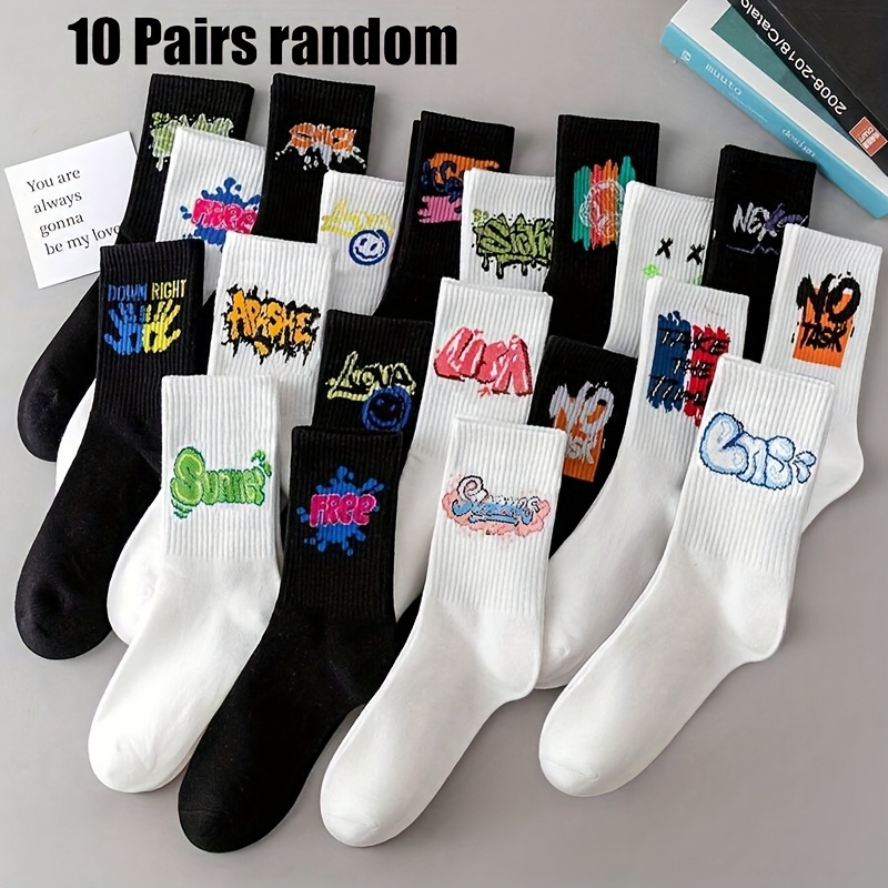 Image of Random 10 Pairs, Socks Teenager's Black And White Over-the-knee Socks High Tube Socks Student Mid-calf Autumn Winter Sports Style Long Socks, For Teenager, For Teenager