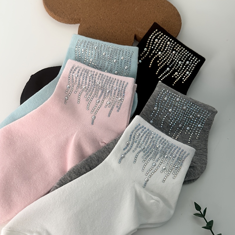 Image of 1/2/3/5 Pairs Of Thermal Rhinestone Women's Short Socks For Versatile Wear