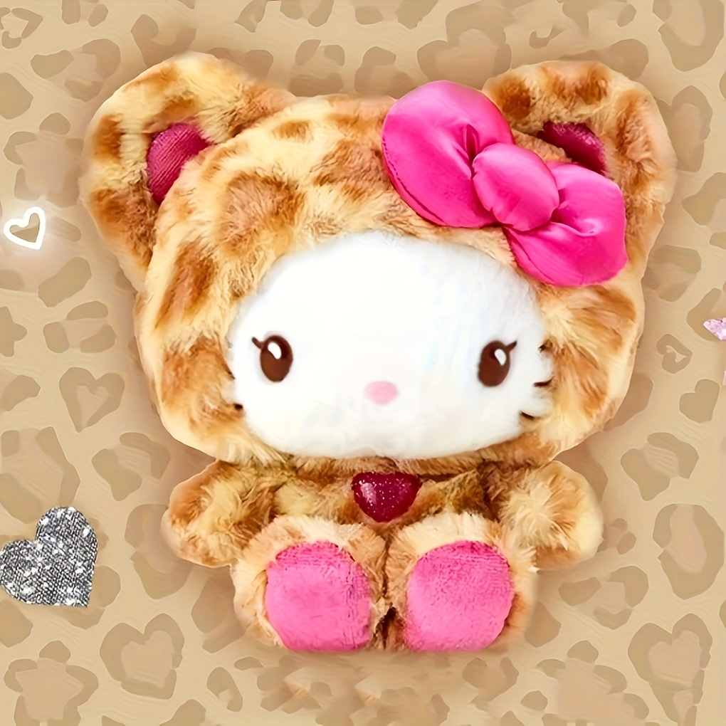 1pc Sanrio Hello Kitty Leopard Print Plush Toy with Pink Bow - Soft & Cuddly White/Yellow Cat Plush Doll, Perfect Birthday or Holiday Gift for Youngsters