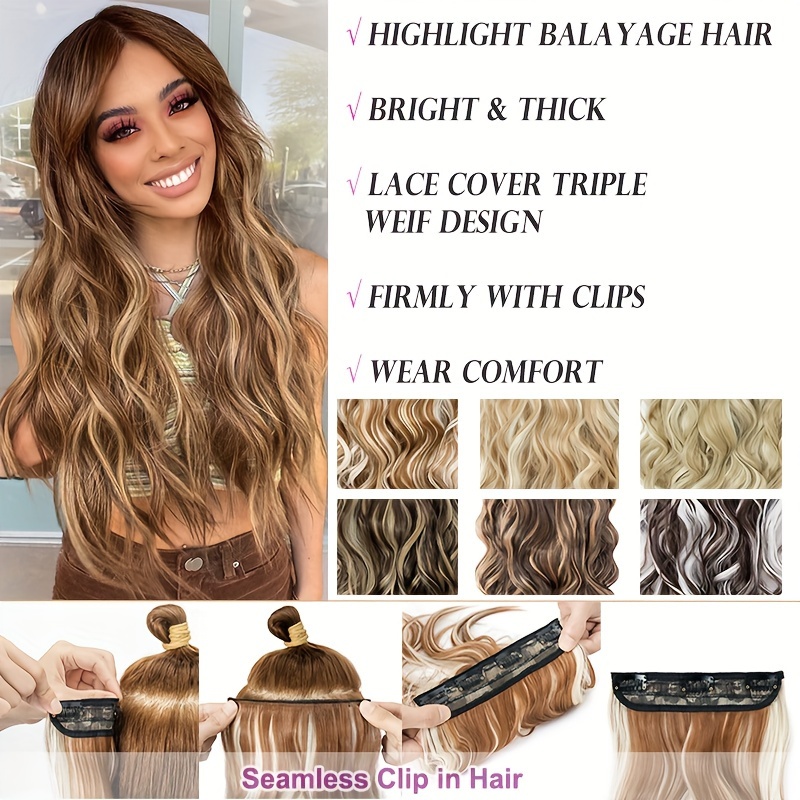 4pieces set long wavy   clip in hair extensions 22inch 55cm soft hairpieces curly thick   double weft hairpiece top synthetic hair highlight   blonde for women party cosplay christmas halloween dating daily use details 6