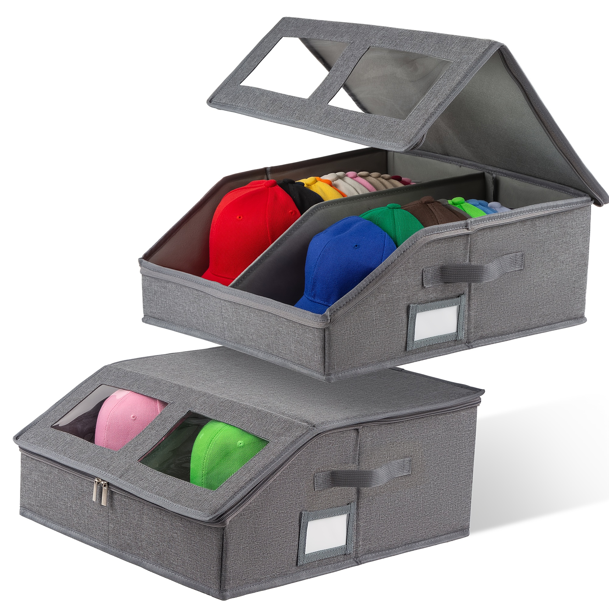 1/2pcs Stackable Baseball Cap Storage Box Organizer - Holds 48 Hats, Heavy-Duty Cardboard-Reinforced Snap Closure,   Window & Dustproof Lid, Space-Saving Rectangular Design for Closet, Sports Room, Retail Display - Durable   Hat Organizer