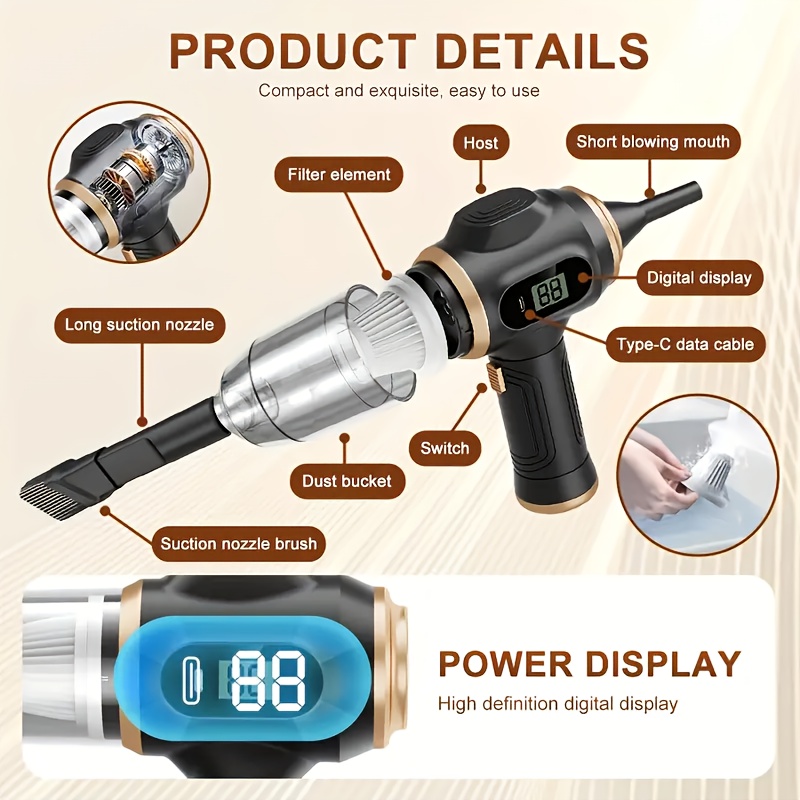 Handheld Electronic Vacuum Cleaner with Super Suction, Featuring a Digital Display, High-Efficiency Design, And Multiple Crevice Tools, Ideal for Cleaning Homes, Dusting Floors, And Tidying Car Interiors