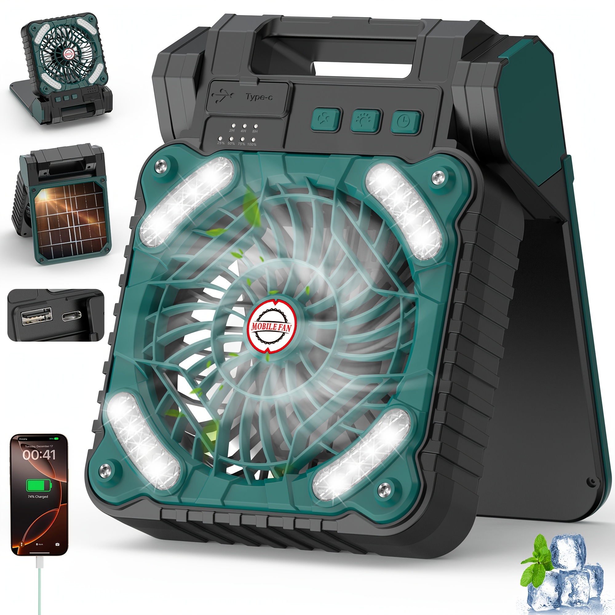 new portable solar fan with led light usb rechargeable suitable for camping foldable outdoor fan and desktop fan
