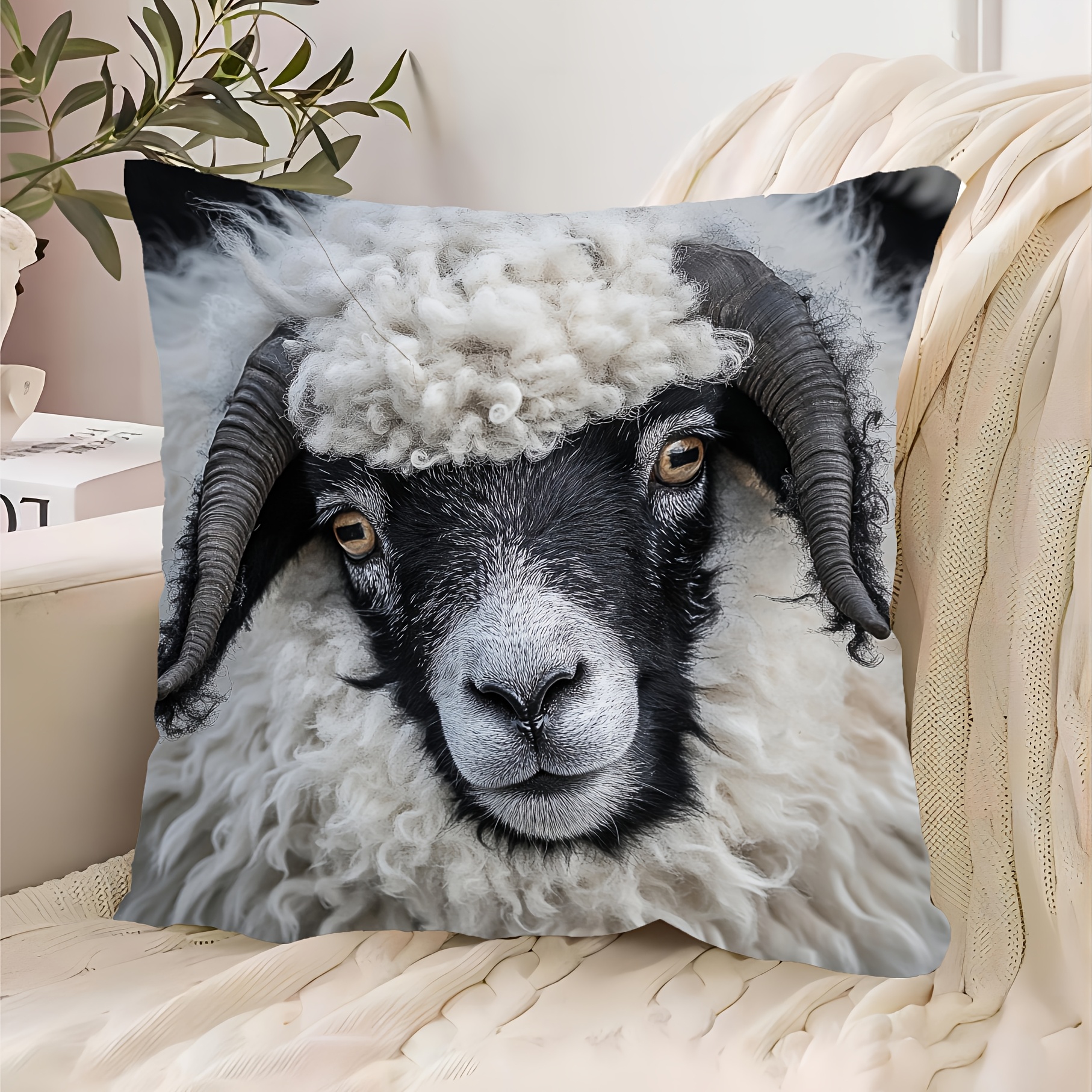 

1pc Vintage Style Swiss Valais Sheep Pillow Cover, 18x18 Inch, Short Plush Farm Animal Cushion Case, Hand Wash, Zipper Closure, Woven Polyester Decor For Sofa, Living Room, Bedroom, Office - No Insert