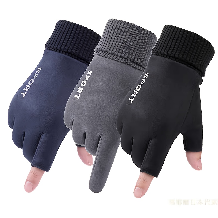 

1pc Men's Suede Fingerless Gloves - Warm, Anti-slip For Winter Outdoor Sports, Cycling & Driving, In Navy Blue, Gray, Black With Ribbed Cuffs