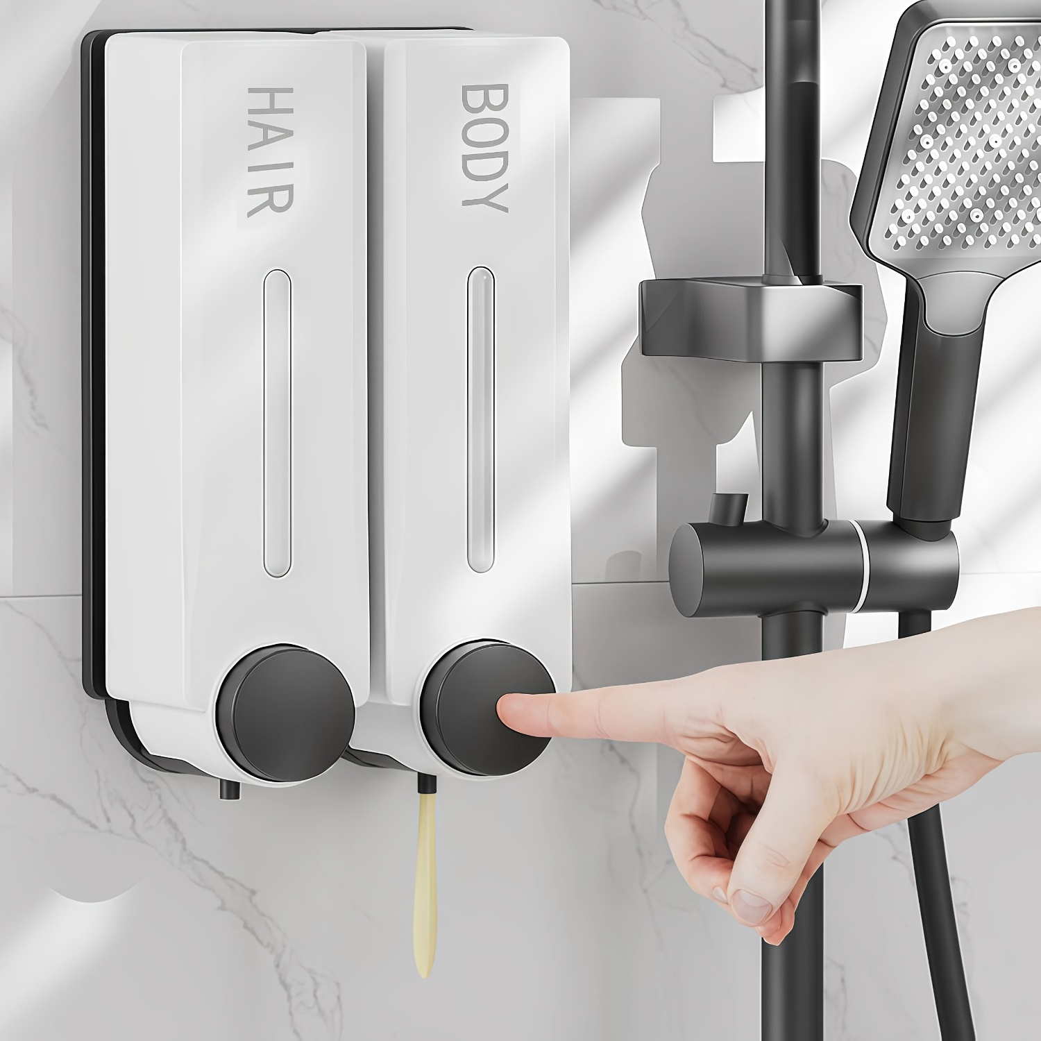 TEMU 2-chamber Wall-mounted Soap Dispenser, No-drill Dual-bottle Shampoo And Body Wash Dispenser, Abs Liquid Pump Container For Bathroom Shower